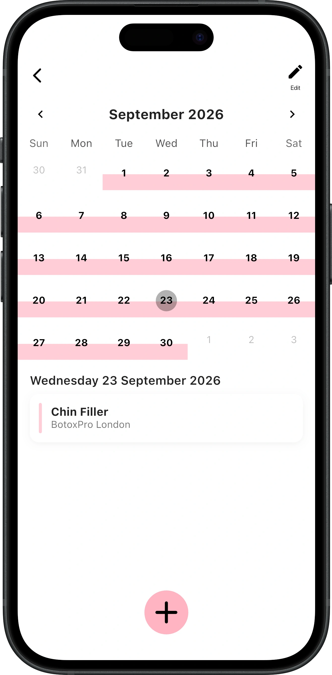 Treatment calendar for September 2026 with a chin filler treatment logged